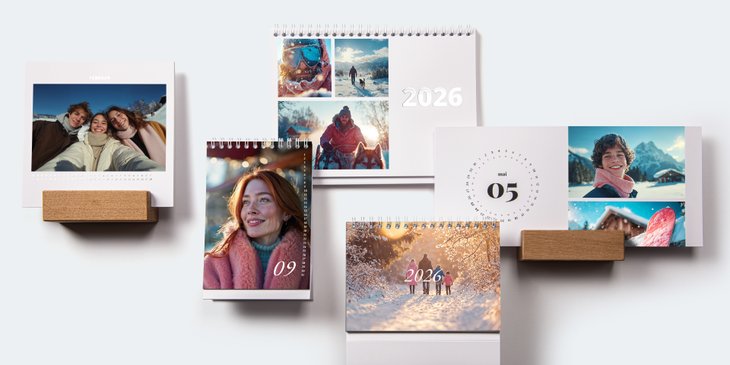Fünf Tischkalender in Hoch- und Querformat mit Winterfotos: Freunde-Selfie, Hundeschlitten, Familie im Schnee, Snowboard