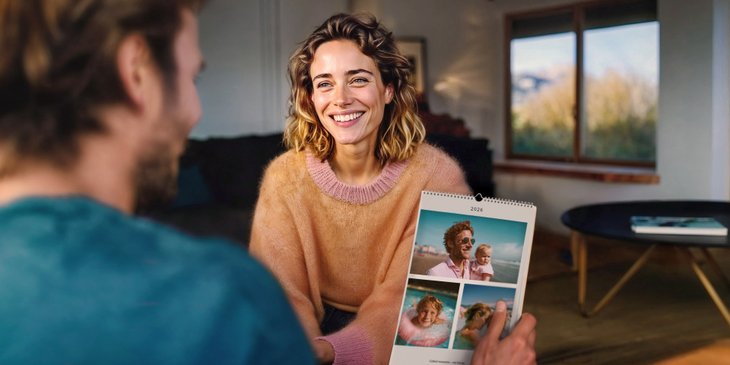 Lächelnde Frau zeigt einem Mann im Wohnzimmer einen Wandkalender mit Familienfotos von Strand und Schwimmbad