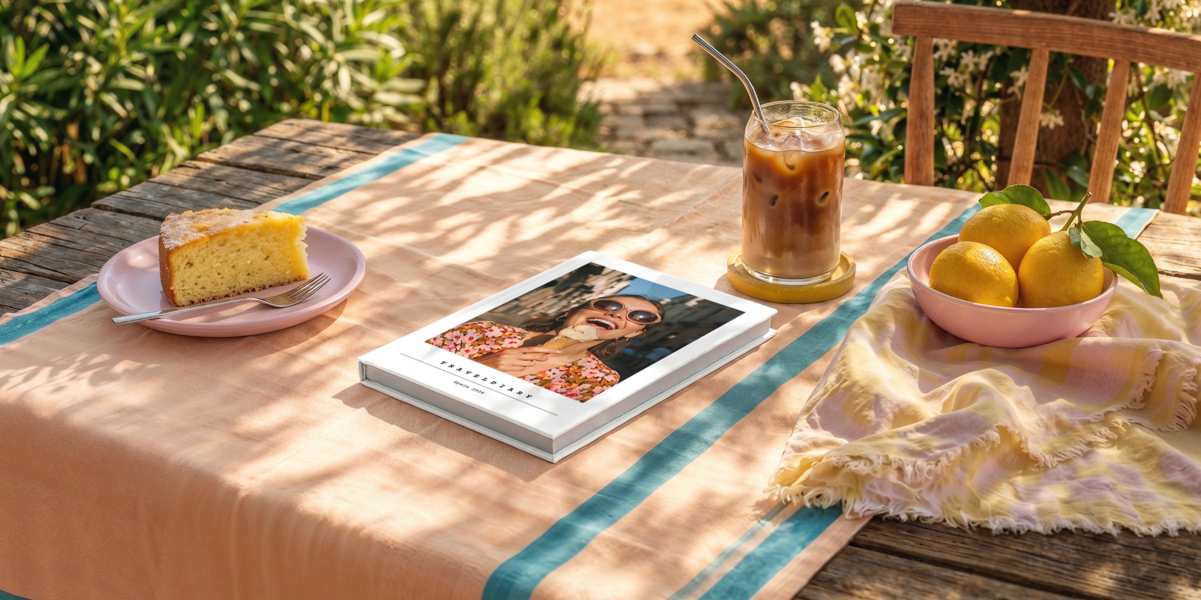Reise-Fotobuch 'Traveldiary' liegt auf einem sommerlich gedeckten Gartentisch mit Kuchen, Eiskaffee und Zitronen
