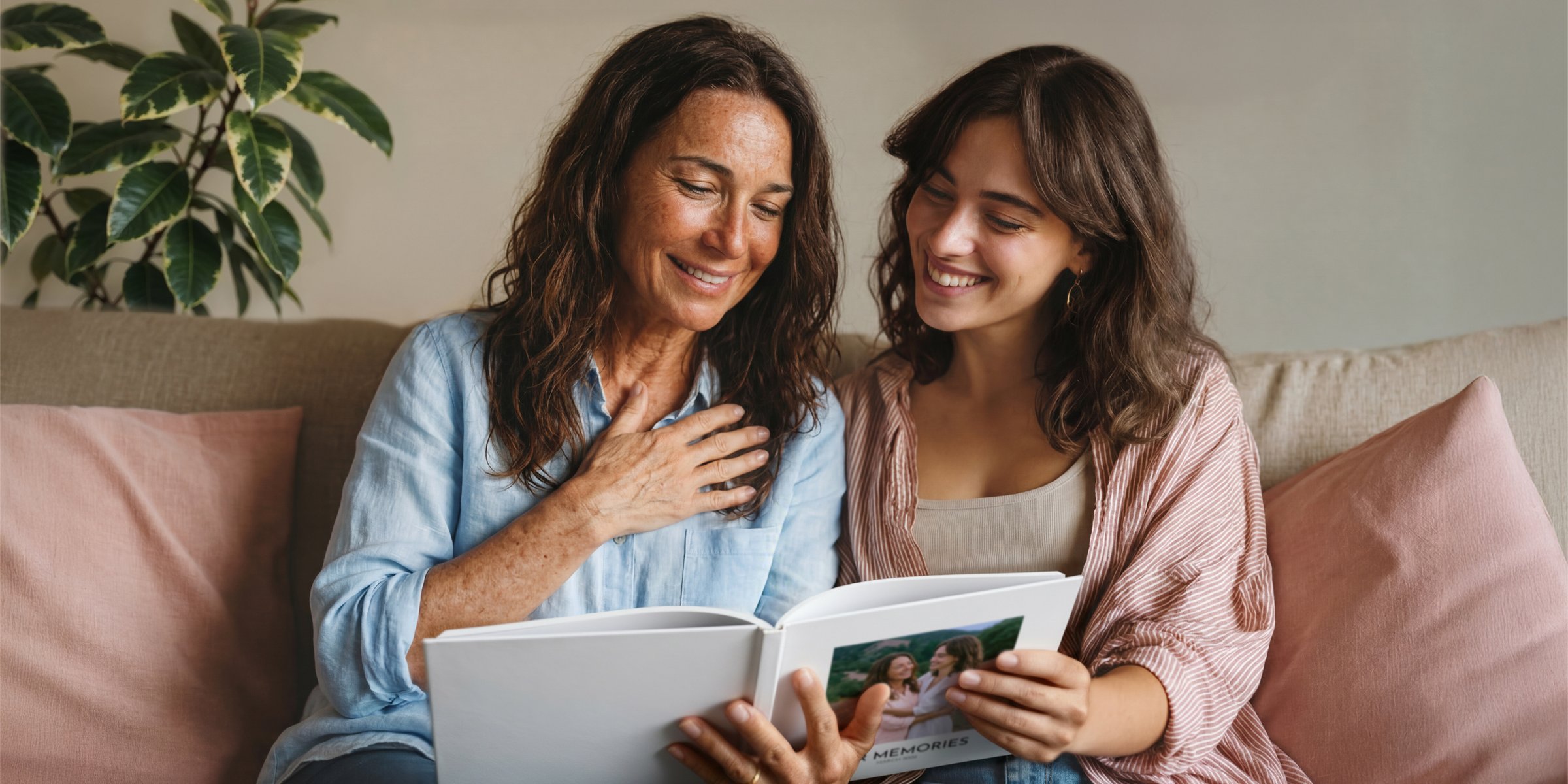 Mutter und Tochter sitzen lächelnd auf dem Sofa und schauen gemeinsam in ein aufgeschlagenes Fotobuch