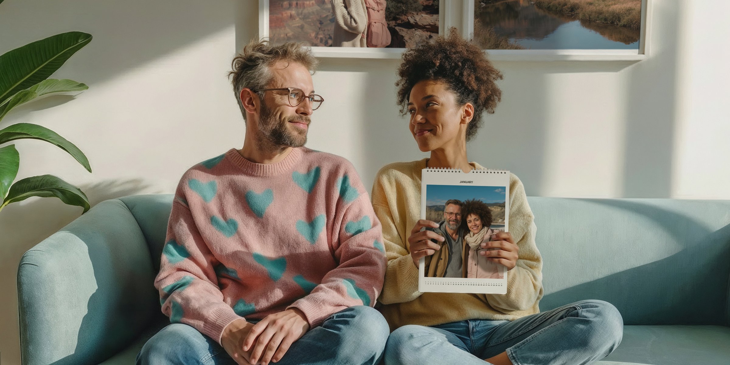 Ein Paar sitzt auf einem Sofa und lächelt einander an. Die Frau hält einen personalisierten Fotokalender in der Hand. Der Raum ist hell und gemütlich.