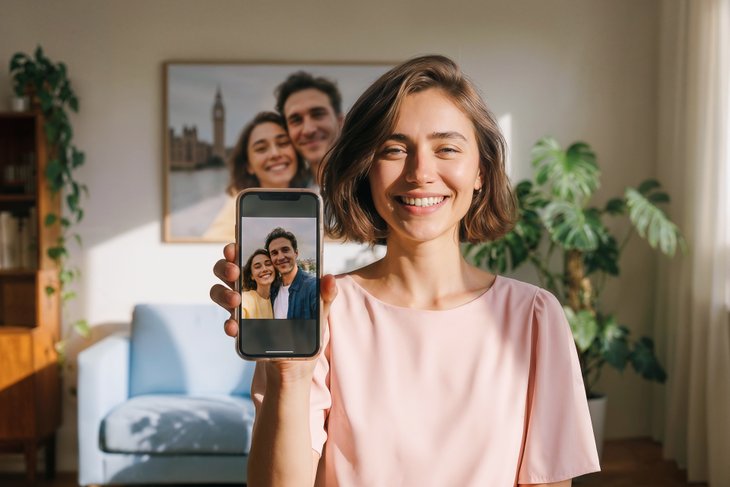 Lächelnde Frau zeigt ein Pärchenfoto auf ihrem Smartphone, im Hintergrund hängt dasselbe Motiv als Leinwanddruck an der Wand