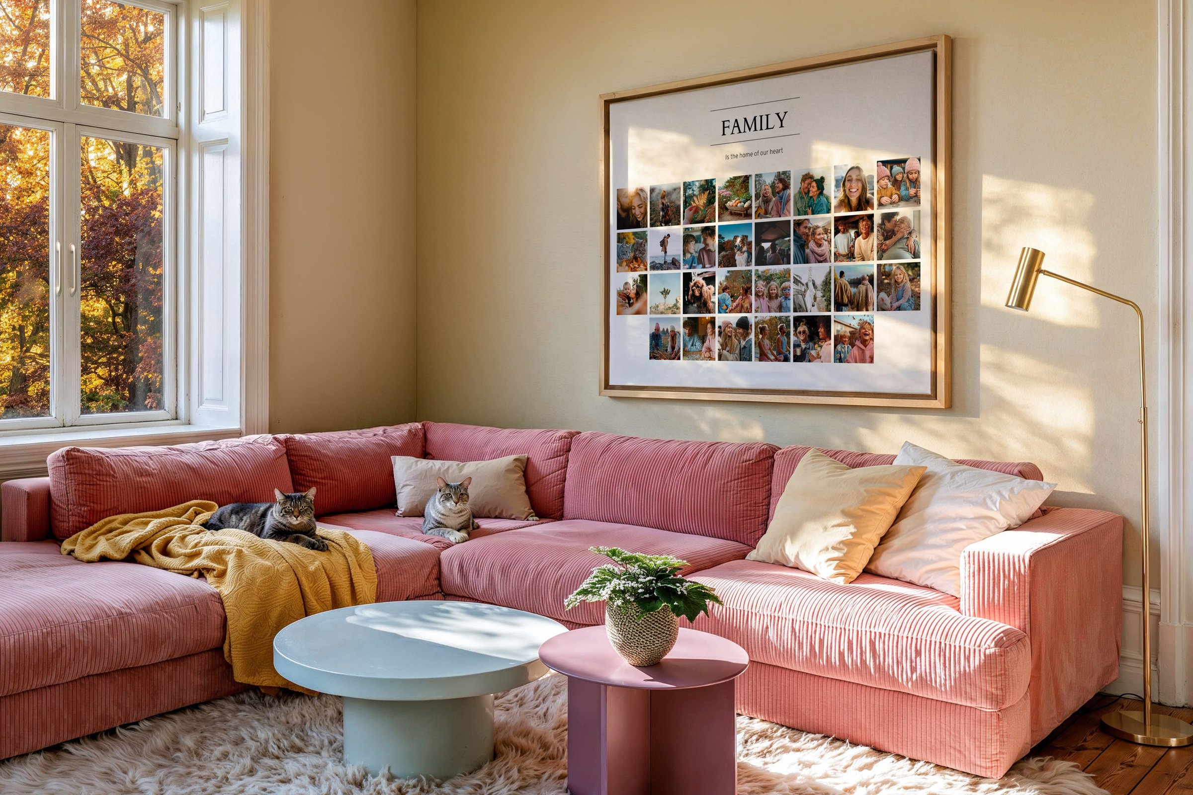 Gerahmte Fotocollage 'Family' mit vielen kleinen Fotos über einem rosa Sofa mit zwei Katzen im Wohnzimmer