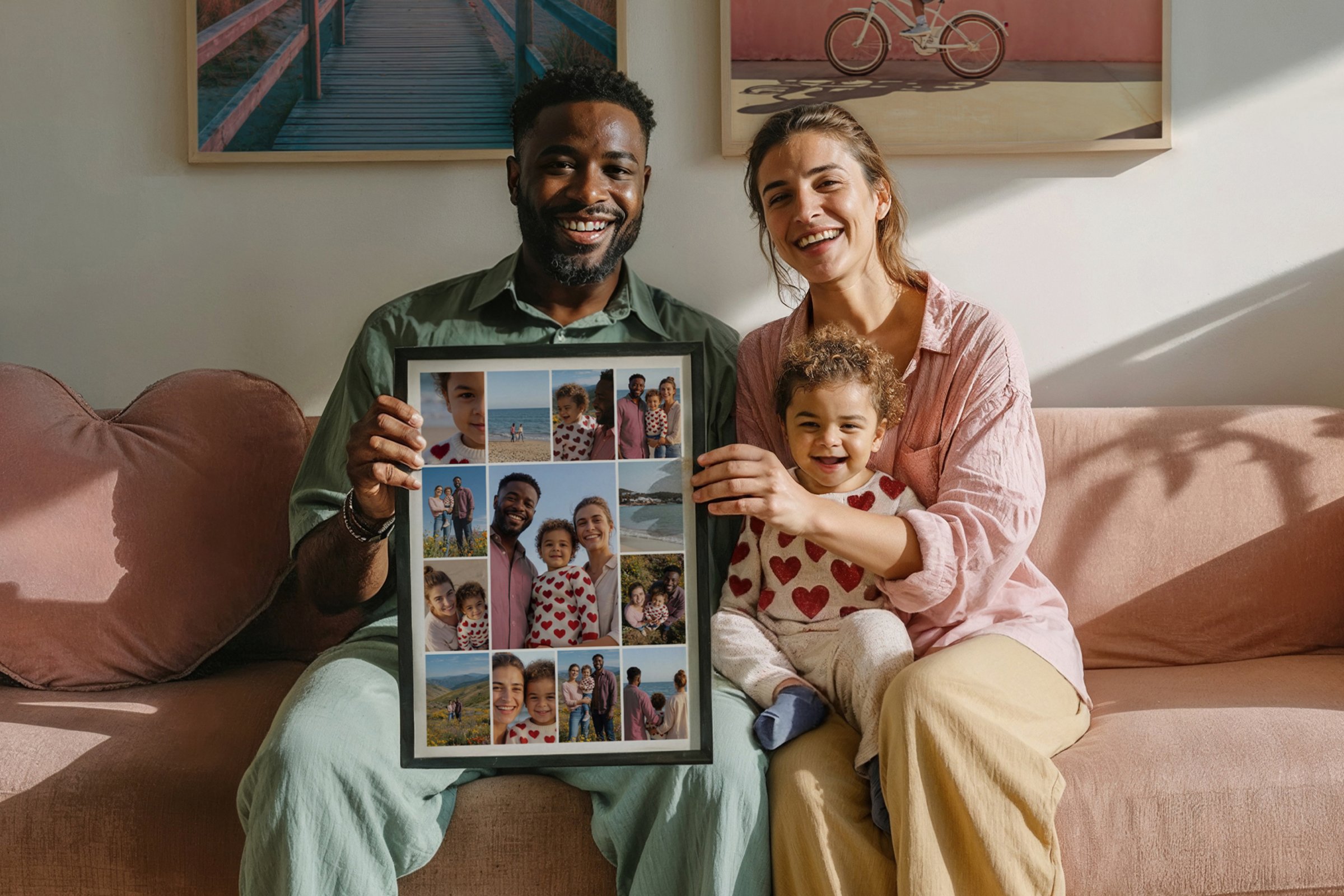Familie sitzt lächelnd auf dem Sofa und hält gemeinsam ein gerahmtes Fotocollage-Poster mit Familienfotos