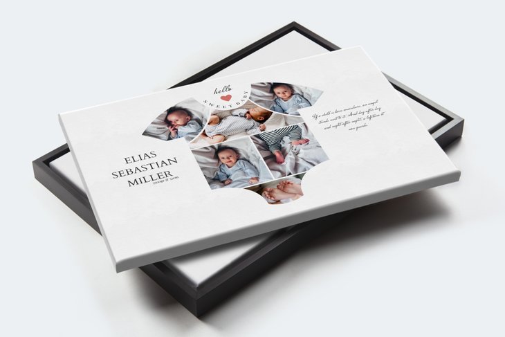 Leinwand-Fotocollage 'Elias Sebastian Miller' mit Babyfotos in organisch geformten Bildfeldern auf ruhigem hellem Hintergrund