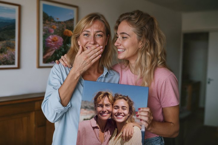 Gerührte Mutter bekommt von ihrer Tochter einen kleinen Leinwanddruck mit einem gemeinsamen Foto überreicht