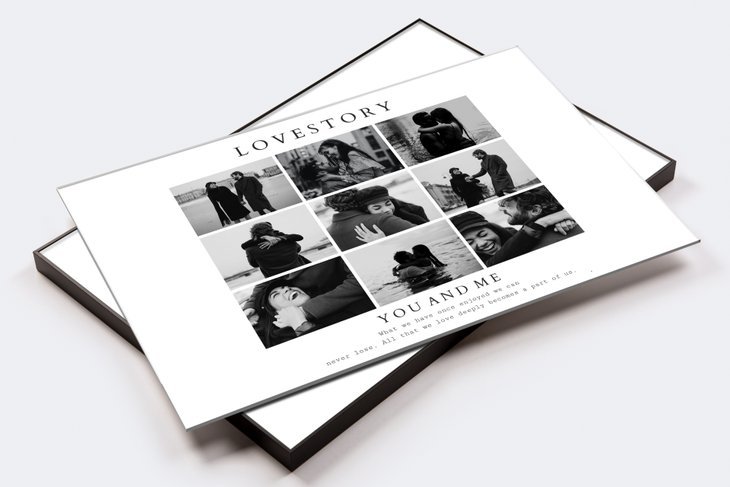 Schwarz-weiße Fotocollage 'Lovestory - You and Me' mit neun einheitlichen Bildern eines Paares