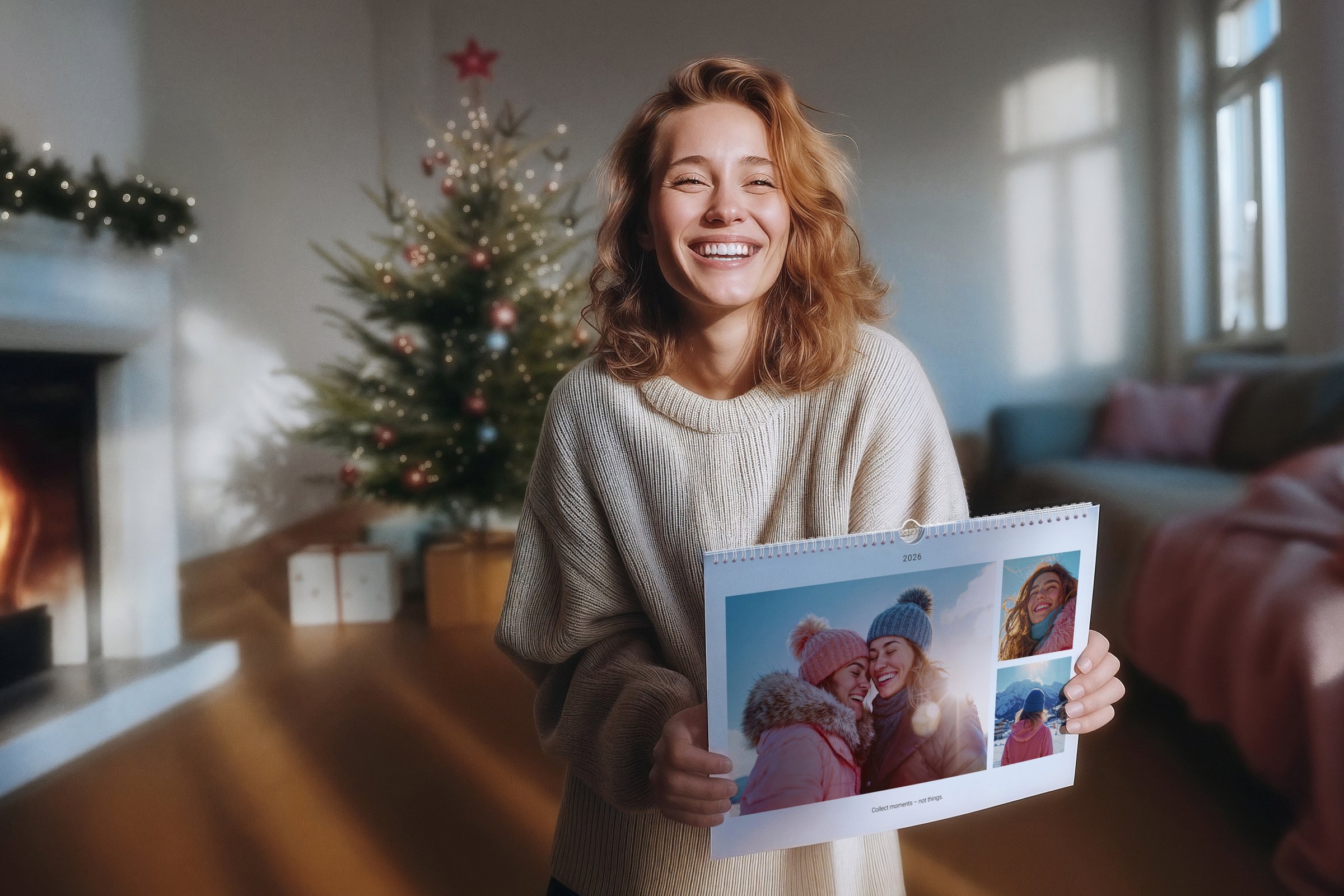 Lachende Frau hält einen Querformat-Wandkalender mit Winterfotos im Wohnzimmer vor Weihnachtsbaum und Kamin