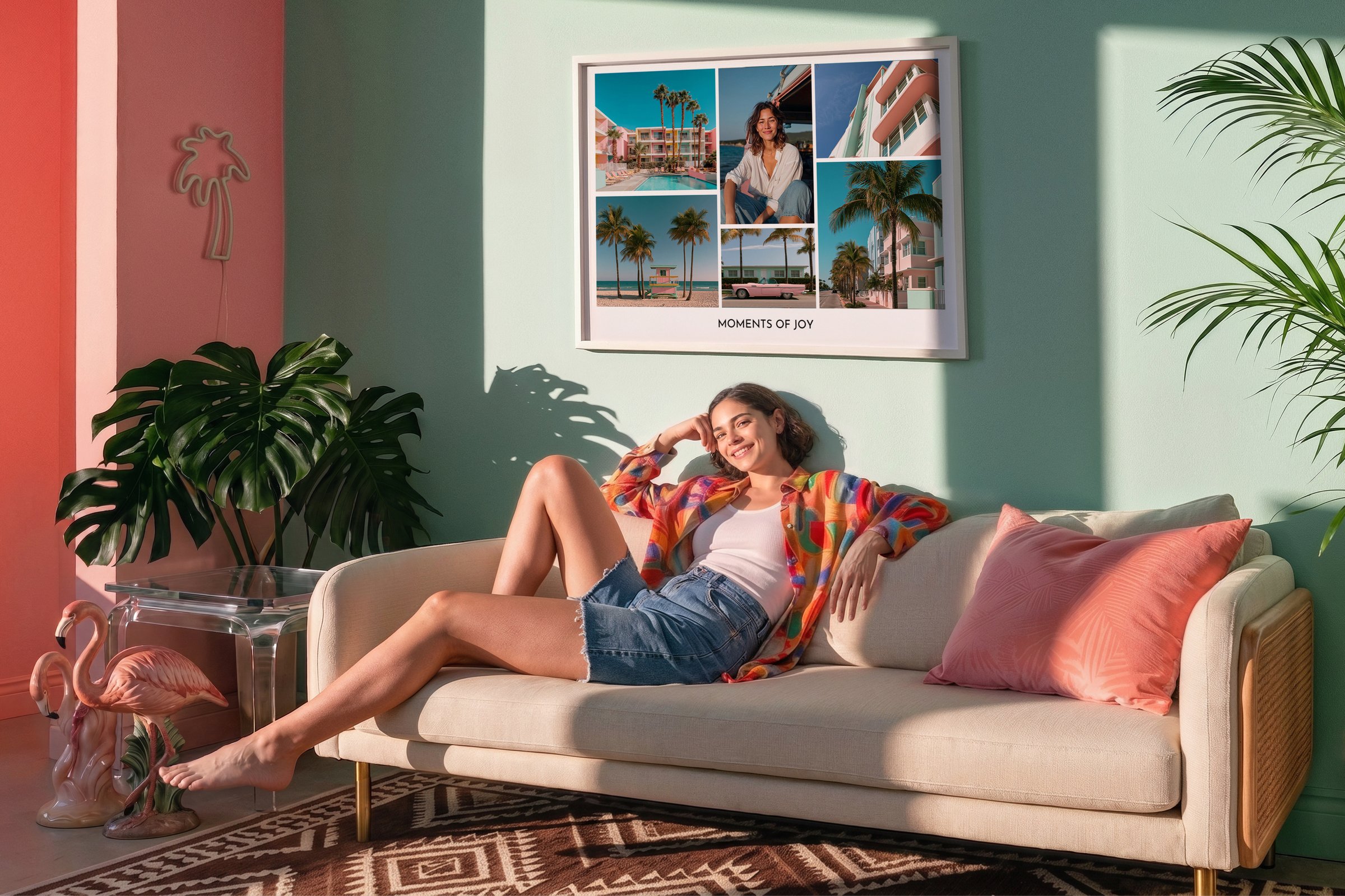 Frau entspannt auf einem Sofa, dahinter hängt ein weiß gerahmtes Fotocollage-Poster 'Moments of Joy' mit Urlaubsfotos