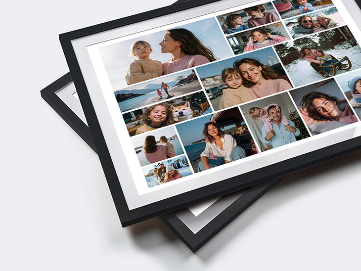 Gerahmtes Fotocollage-Poster mit vielen Familienfotos, gleichmäßigen weißen Abständen und breitem Passepartout-Rand