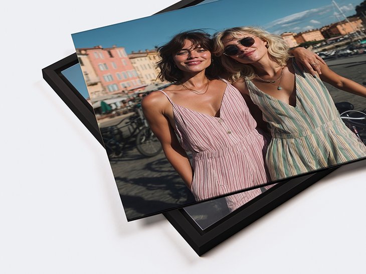 Gerahmtes Gallery-Bond-Bild zweier lächelnder Freundinnen in einer mediterranen Stadt mit rosa Gebäuden