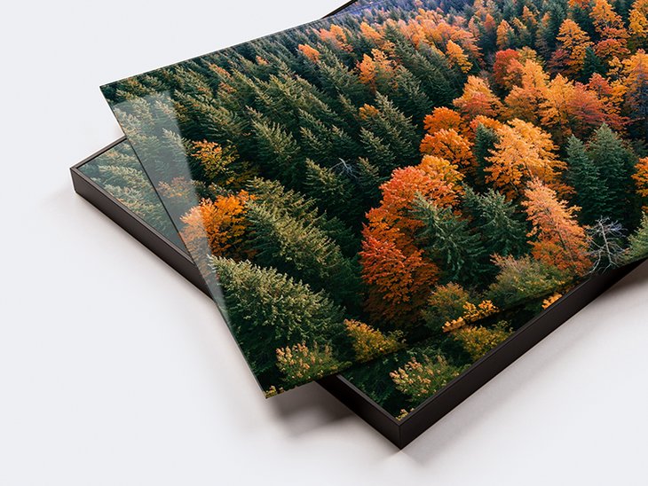 Acrylglasbild mit Luftaufnahme eines herbstlichen Waldes mit bunten Baumkronen