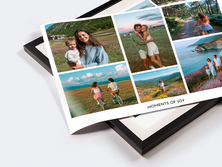 Fotocollage 'Moments of Joy' mit gemischten Hoch- und Querformatbildern von Familie und Landschaft