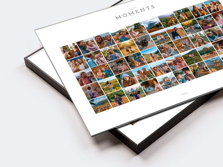 Rasterförmige Fotocollage 'Best Moments' mit vielen kleinen quadratischen Bildern in Reihen und Spalten
