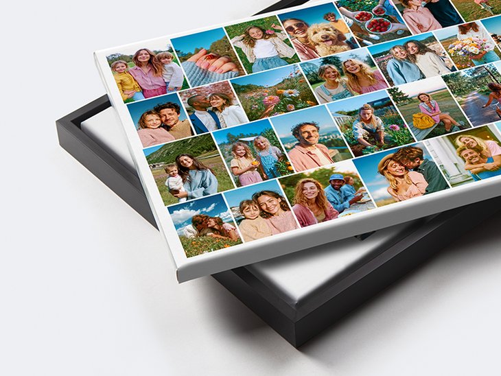 Leinwand-Fotocollage mit kleinen Familienfotos in dichtem Raster und warmen Farbtönen