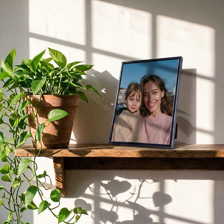 Gerahmter Fotoabzug mit Mutter-Kind-Porträt in einem Bilderrahmen auf einem sonnigen Holzregal neben einer Grünpflanze