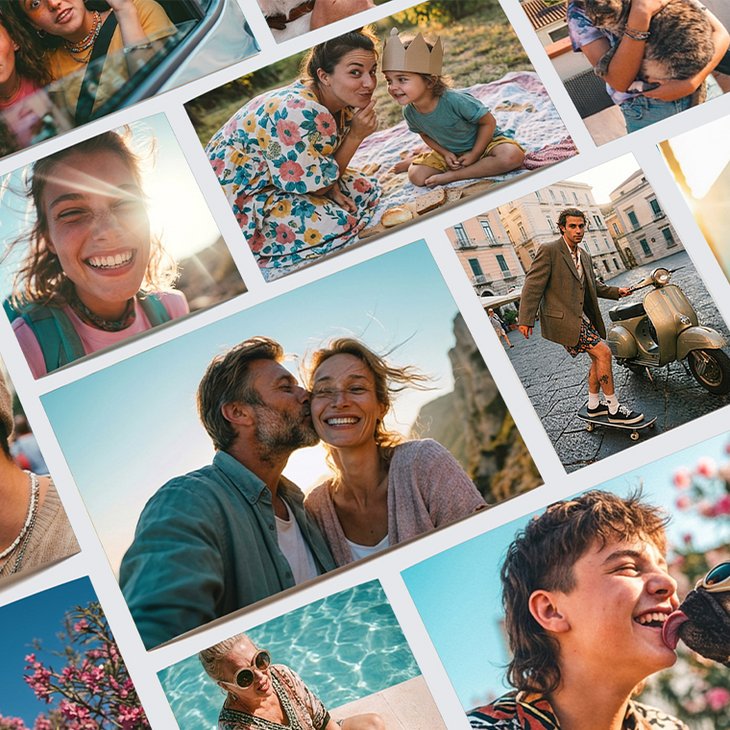 Fotoabzüge in verschiedenen Formaten diagonal als Mosaik angeordnet mit Urlaubs-, Familien- und Porträtmotiven