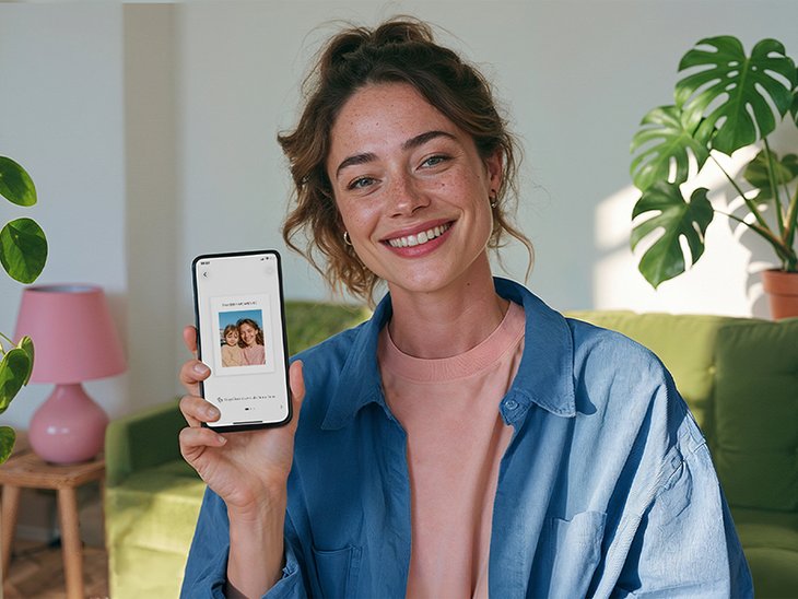 Smarphone zeigt die MYPOSTER App, daneben ein aufgeschlagenes Fotoheft