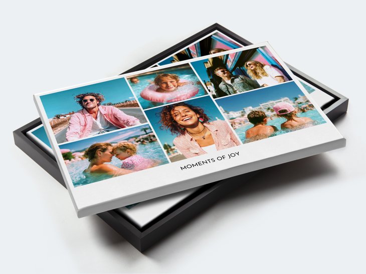 Fotocollage 'Moments of Joy' auf Leinwand mit sechs Urlaubsfotos: lachende Menschen am Pool und unterwegs