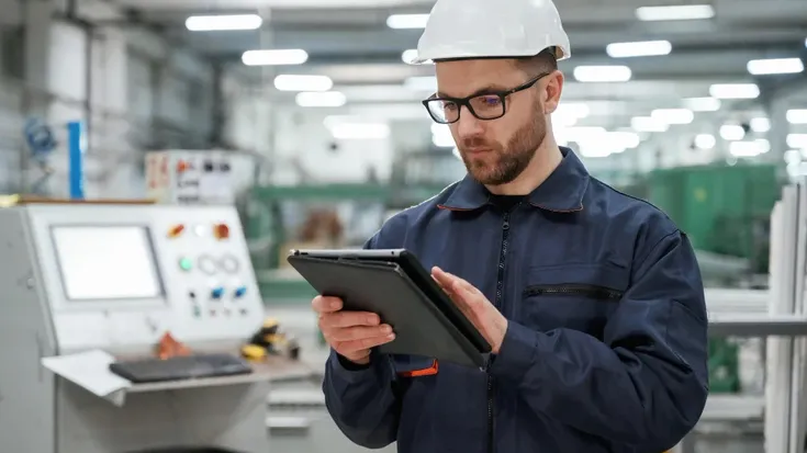Profissional analisando dados em tablet em ambiente industrial para controle de qualidade
