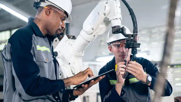 Técnicos operando robô industrial com foco em controle de qualidade automatizado
