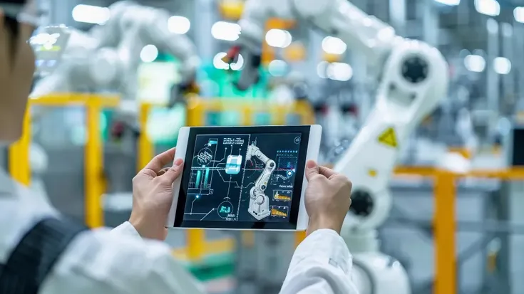 Profissional segurando tablet com painel de realidade aumentada mostrando dados de um cobot, representando o monitoramento inteligente da indústria 5.0
