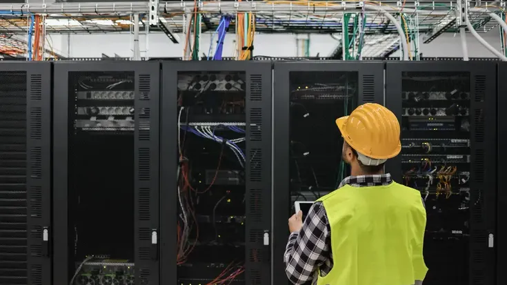 Técnico revisando racks de servidores y cableado de redes industriales