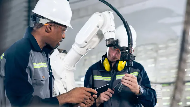 Trabajadores revisan un brazo robótico usando equipo de protección, destacando prácticas esenciales de seguridad industrial