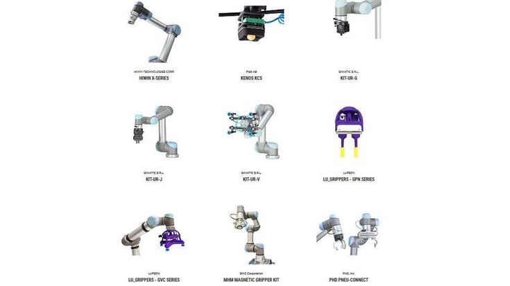 Diferentes modelos de garras robóticas disponíveis para os braços robóticos da Universal Robots