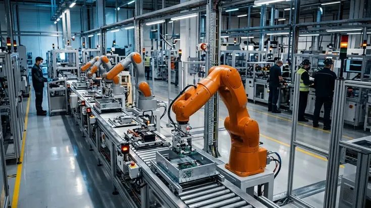 A automação robótica em linhas de produção aumenta a repetibilidade das tarefas e libera os operadores para atividades de supervisão e controle de qualidade.
