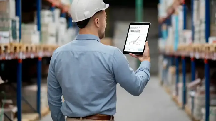 Trabajador en almacén usando tablet para control de procesos logísticos, ejemplo práctico de Cycle Time en industria
