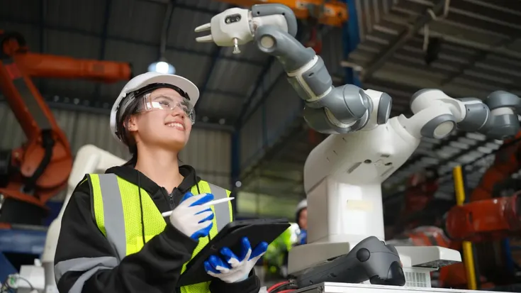 Ingeniera controla un brazo robótico en fábrica, ilustrando la aplicación práctica de distintos tipos de robots industriales