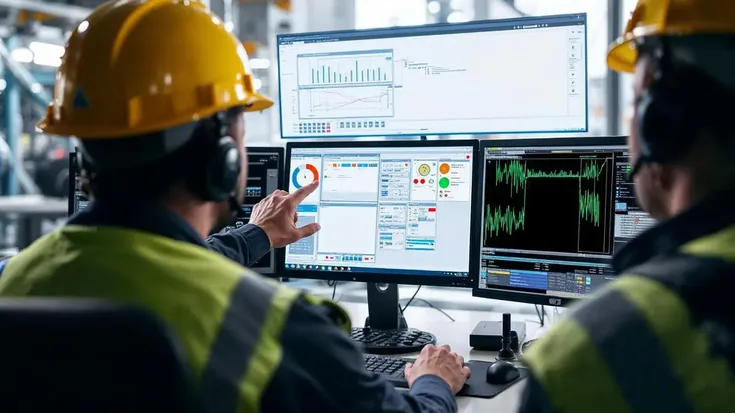 Operadores industriais com capacete analisando gráficos e indicadores em monitores para calculo do OTIF