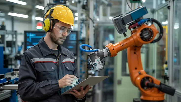 Técnico realizando mantenimiento industrial con robot automatizado en un entorno fabril moderno y tecnológico