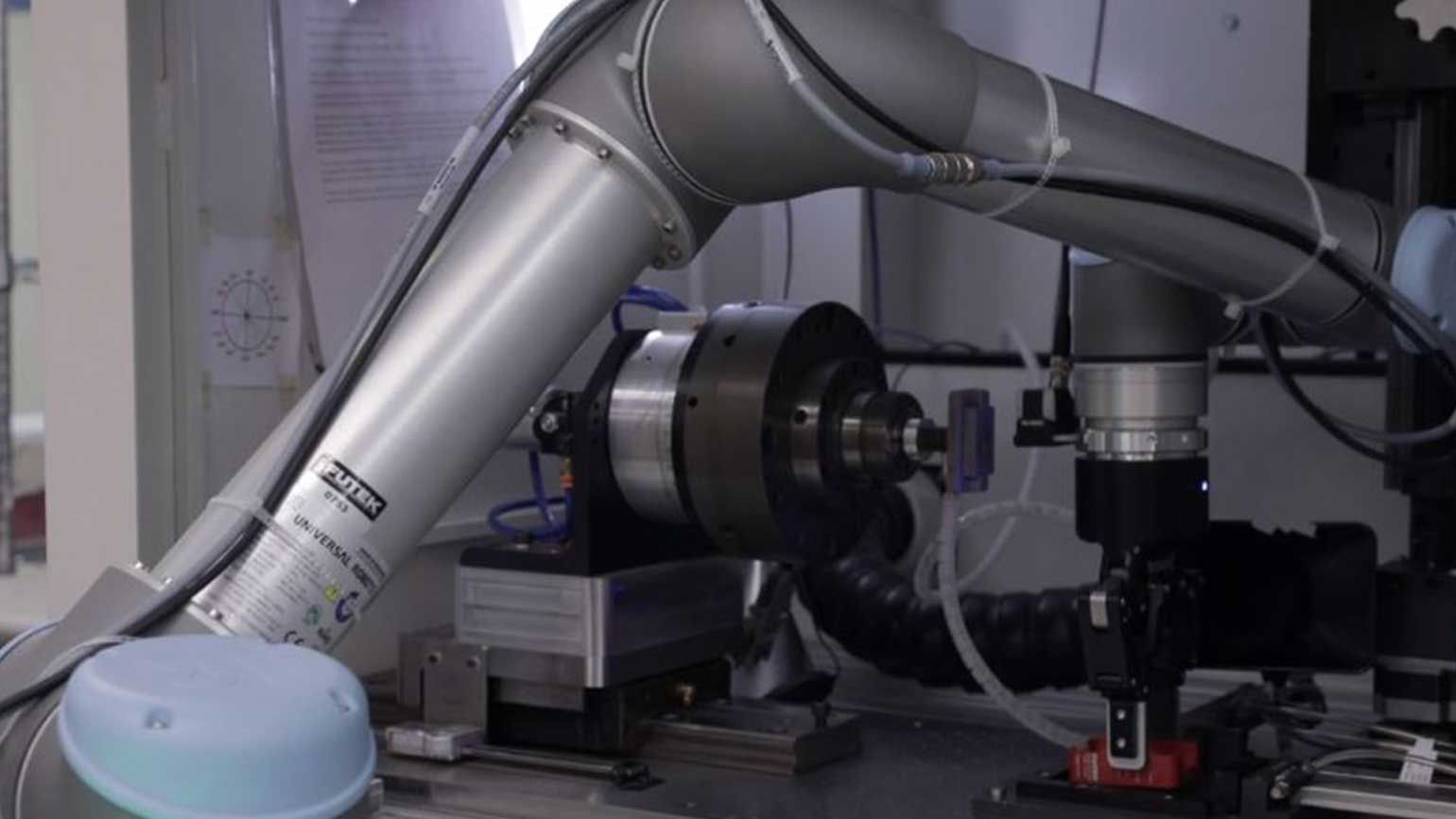 The UR5 at FUTEK is integrated with a Robotiq gripper and is vision guided through a Keyence (IV-G300CA) vision system