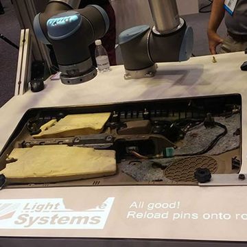 Stepping into another realm. A big draw at the Automate booth was the Augmented Reality assisted assembly of an automotive door panel where attendees would prompt the UR10 cobot to carry out an entire assembly cycle by interacting with commands projected directly down on the workspace. The interactive application was created by UR Certified System Integrator Kubica Corp using a Light Guide System (LGS) from OPS Solutions.