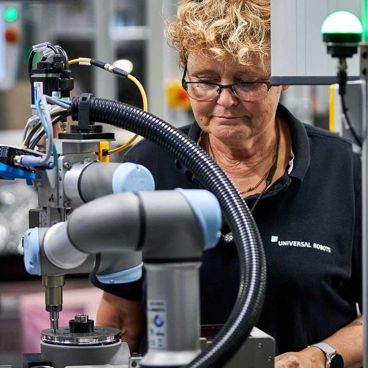 På vår produktionslinje i Odense i Danmark styr en UR3-cobot skruvmejseln och sätter i skruvarna i cobotlederna