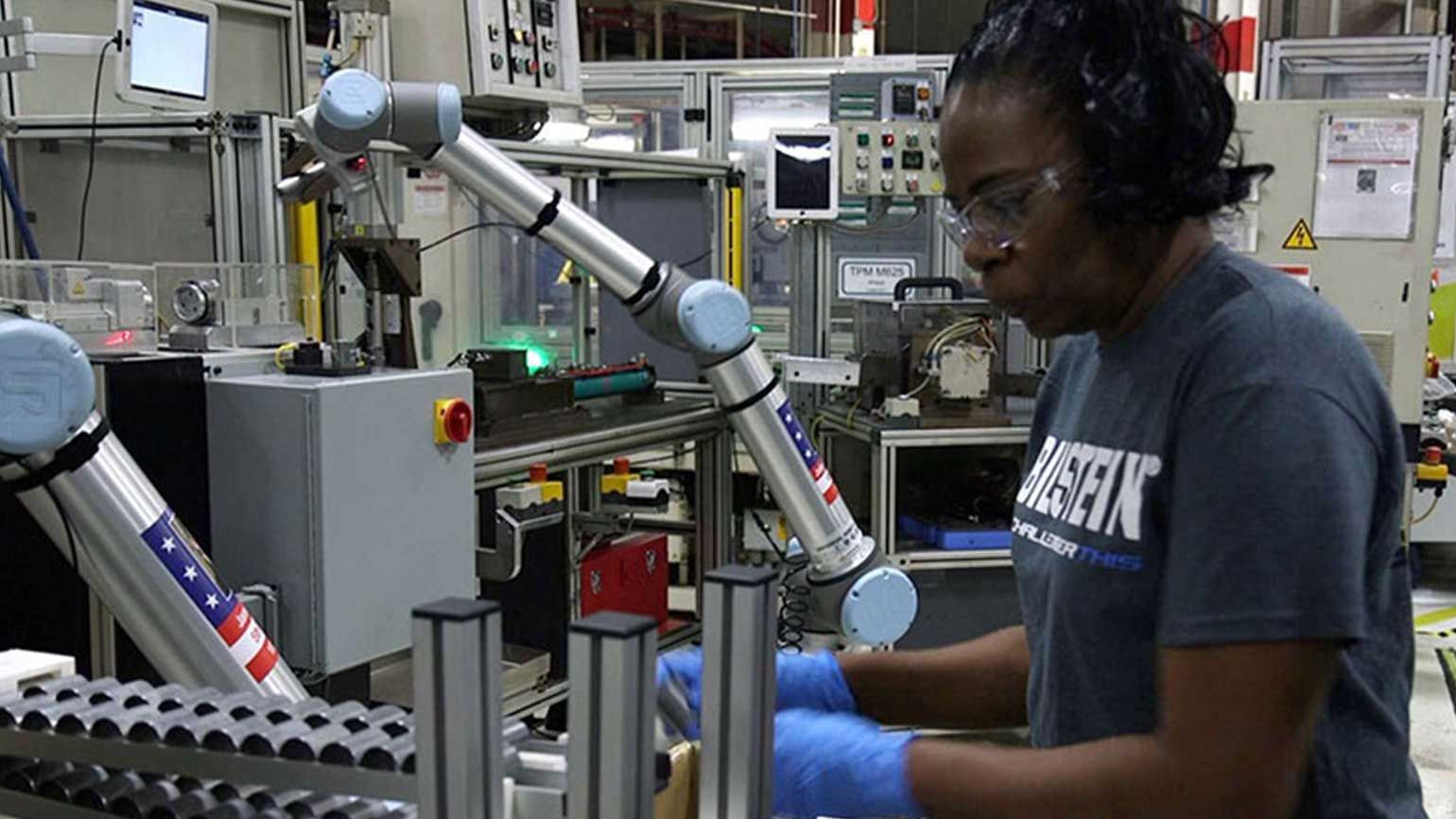 Nine collaborative robots deployed at thyssenkrupp Bilstein’s plant in Hamilton, Ohio improve and optimize the work environment by automating hard-to-staff tasks such as machine tending, assembly, and product inspection.