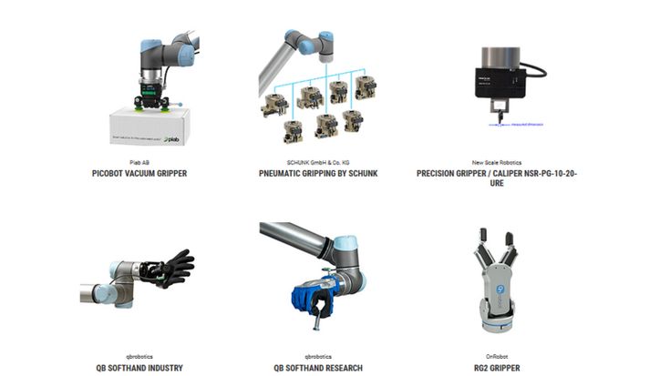 A small selection of the many grippers –vacuum, pneumatic, precision, hand-like, soft and 2-finger-- that are available through the UR+ ecosystem. 