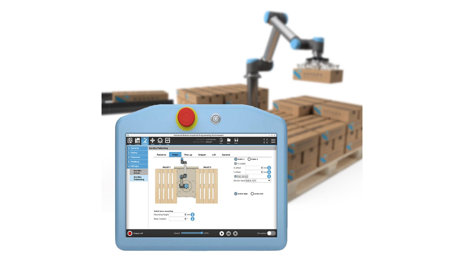 Nordbo Robotics의 PackMate는 효율적인 라인 종단 팔레타이징을 위한 유연한 URCap 소프트웨어입니다. 무료 온라인 도구인PackLab을 이용해 맞춤 스택 패턴을 생성하고 파일을 로봇에 업로드하십시오. PackMate가 맞춤 프로그램을 생성해드릴 것입니다. 
유럽, 중동, 아프리카, 북미, 중남미에서 구할 수 있습니다.