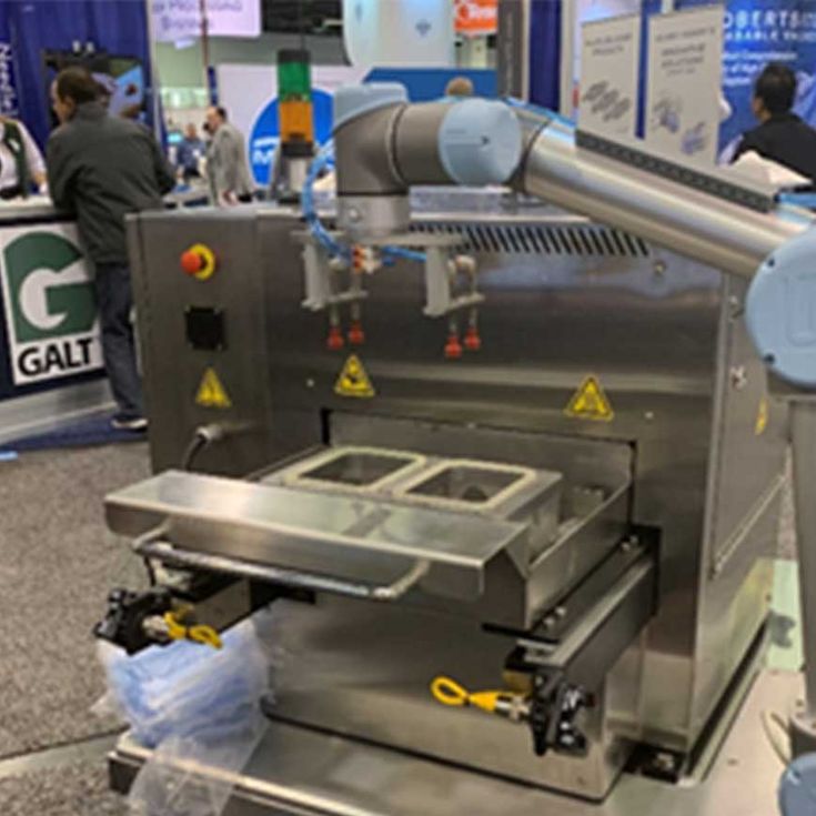 SensCorp White displaying a palletizer application for medical products using a Universal Robot at ATX West 2019.