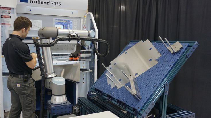 The Mid Atlantic Machinery’s Cobot Press Brake Operator Package comes with a modular parts cart, an angled cart with tapered holes on 45mm centers, patent pending gripper package, powerful proprietary machine tool interface and a zone safety scanner ensuring shop safety.