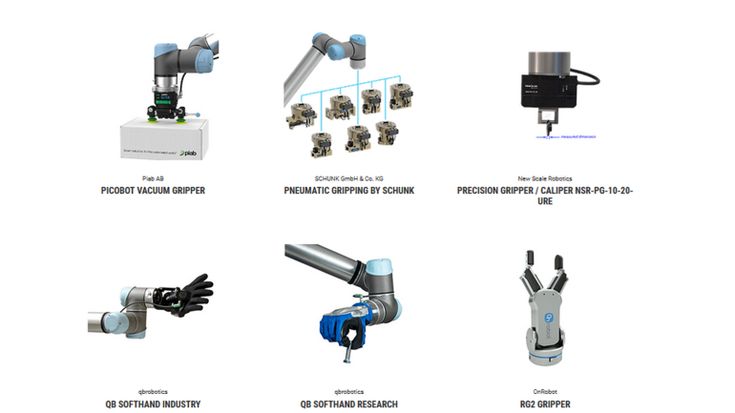 A small selection of the many grippers –vacuum, pneumatic, precision, hand-like, soft and 2-finger-- that are available through the UR+ ecosystem. 