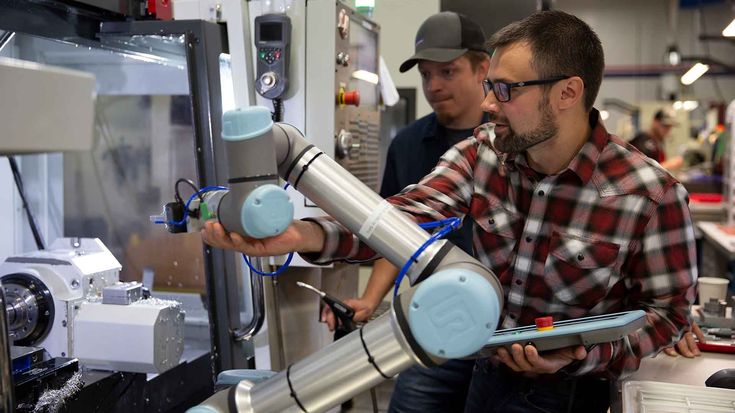 Troy Ojalehto (left) at Rapid Design Solutions, a Certified Systems Integrator of Universal Robots, works with Brian Laulainen (right), an automation engineer at Seattle-based machine shop Toolcraft, teaching the easy operation of the UR5e cobot that handles the operation of the company’s CNC machine.