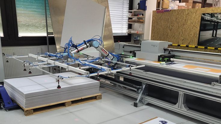 Der UR10 bei der Crossover-Mediagroup platziert Papierbogen in einem Schneideplotter.