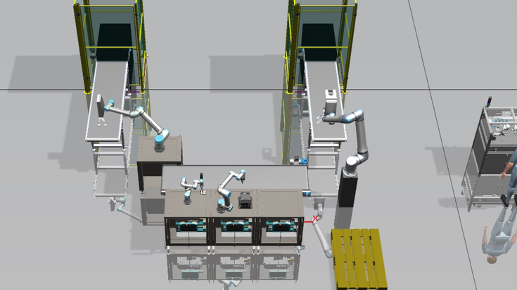 Die Simulationsumgebung Process Simulate stellt die spätere Cobot-Anlage virtuell dar.
