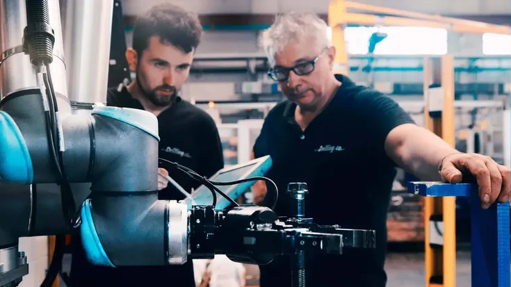 Braço robótico com servo motor industrial em operação na linha de produção, mostrando precisão e controle automatizado.