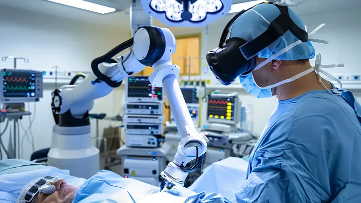 Especialista realizando cirugía robótica asistida con tecnología avanzada en quirófano