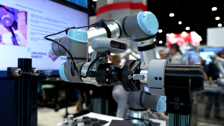 UR+ partner Photoneo's 3D Meshing with MotionCam3D color is shown mounted on an UR robot to enable fast 3D object model creation. 