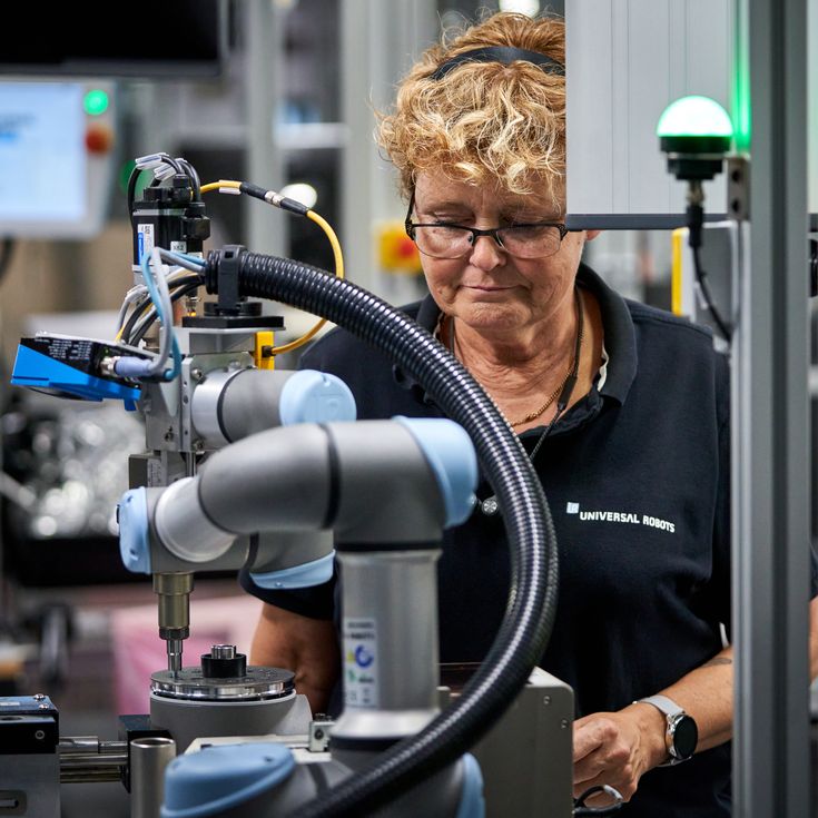 Na linha de montagem em Odense, Dinamarca, o UR3 direciona a chave de fenda, inserindo os parafusos nas juntas do cobot.